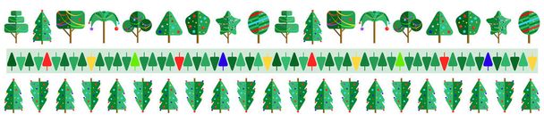 Frontiere senza cuciture con collezione di alberi di Natale. Linee infinite fatte di alberi di Natale decorati con palline colorate e ghirlande. Illustrazione vettoriale - Vettoriali, immagini