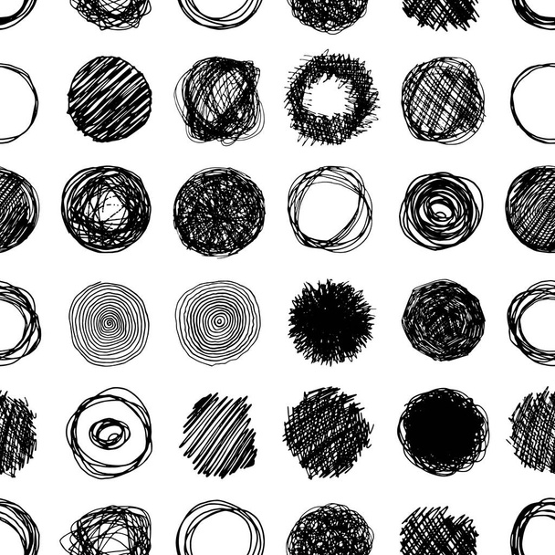 Disegnato a mano schizzato cerchi modello senza soluzione di continuità. Sfondo infinito texture con anelli scarabocchiare, scarabocchiare carta da parati vettoriale rotondo, elementi di design abbozzato piastrelle - Vettoriali, immagini
