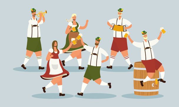 Γερμανοί που φορούν τυρολέζικο κοστούμι πίνοντας μπύρες και παίζοντας όργανα - Διάνυσμα, εικόνα