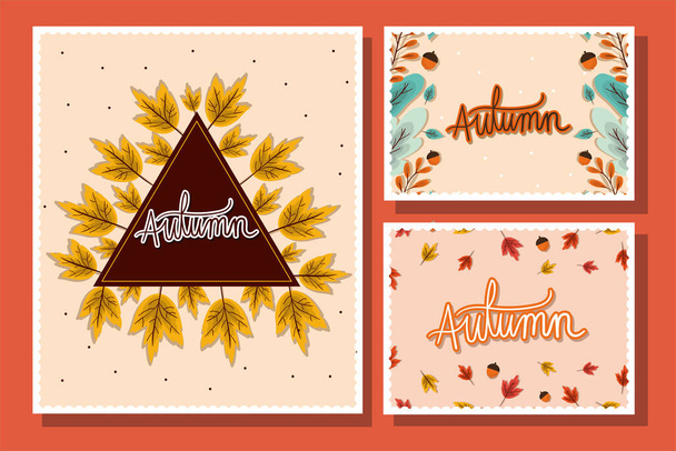 Conjunto de marcos con hojas de otoño sobre fondo rojo diseño vectorial - Vector, Imagen