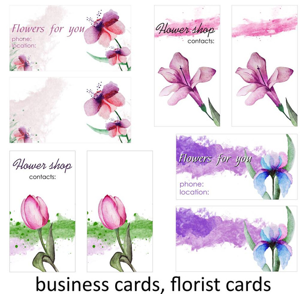 Watercolor cards, business cards, backgrounds, textures. Sets of watercolor flowers on a white background. Business card for the company - Foto, afbeelding