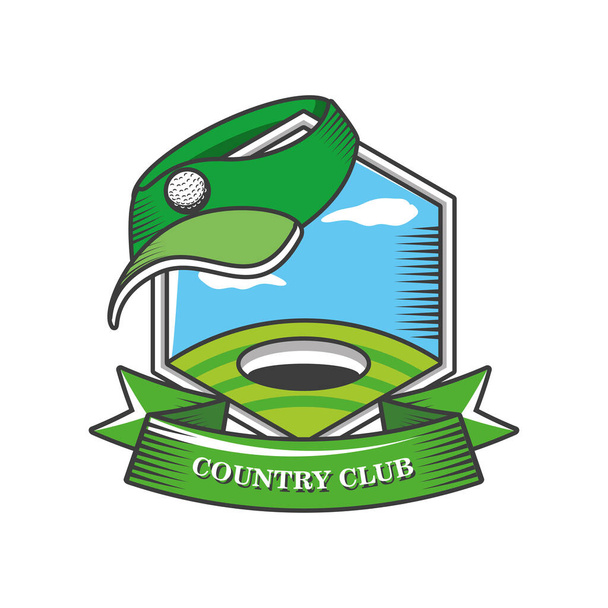 etiqueta clube de campo com escudo e buraco de golfe - Vetor, Imagem