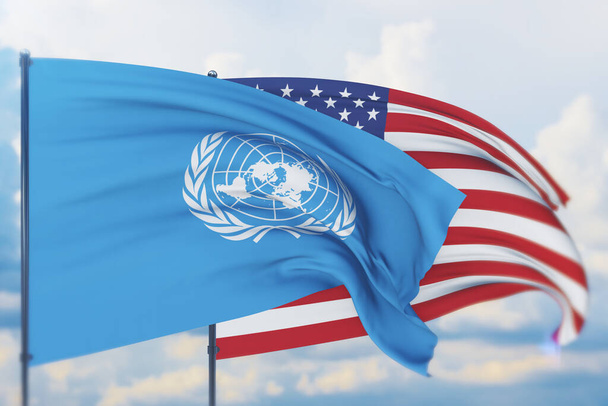 розмахуючи американським прапором та прапором Організації Об'єднаних Націй. Waved високо деталізований 3D рендеринг. - Фото, зображення