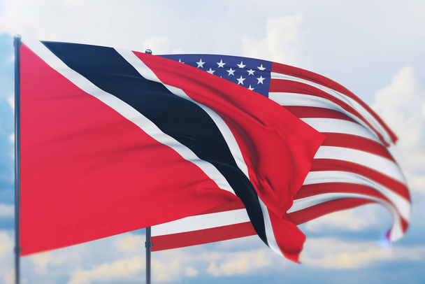 розмахуючи американським прапором і прапором Тринідаду і Тобаго. Closeup view, 3D illustration. - Фото, зображення