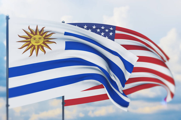 Acenando bandeira americana e bandeira do Uruguai. Vista de perto, ilustração 3D. - Foto, Imagem