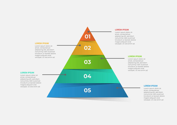 A pyramid-shaped modern timeline infographic template divided into five parts. Vector business template for presentations. Suitable for brochures, workflows, annual reports, charts, layouts - Vektor, Bild