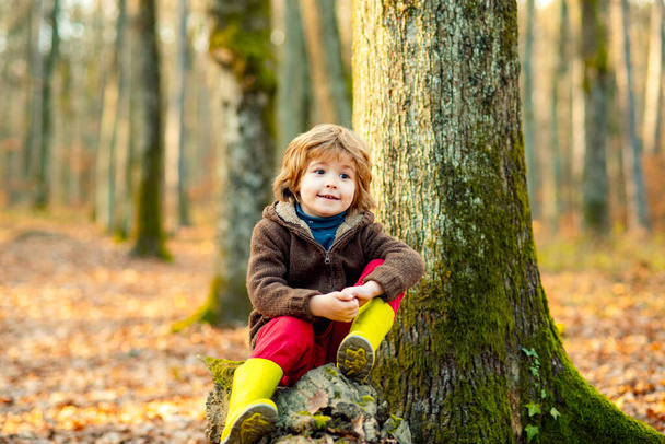 Cute child boy outdoors enjoying autumn nature. Leafs falling and kids concept. Child in park. - Foto, immagini