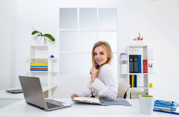 Pensive business woman noting idea for startup, manager making accountings of income using app on netbook in office interior. Beauty businesswoman. - Foto, Imagem