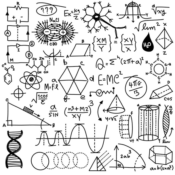 Mathematisch-wissenschaftliches Muster mit geometrischen Diagrammen, Formeln und Berechnungen - Foto, Bild