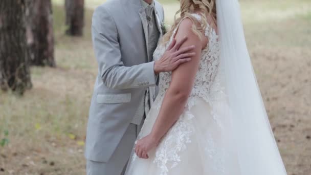 Gyönyörű menyasszony és a vőlegény ölelés és csók a nyári erdőben. - Felvétel, videó