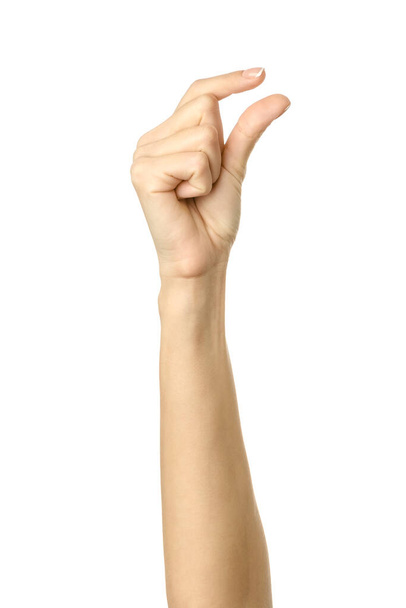 Dávat, sahat nebo držet se za ruku. Žena ruka gestikulující izolované na bílém - Fotografie, Obrázek