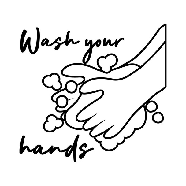 Waschen Sie Ihre Hände Kampagne Schriftzug mit Wasser und Seifenblase Linie Stil - Vektor, Bild