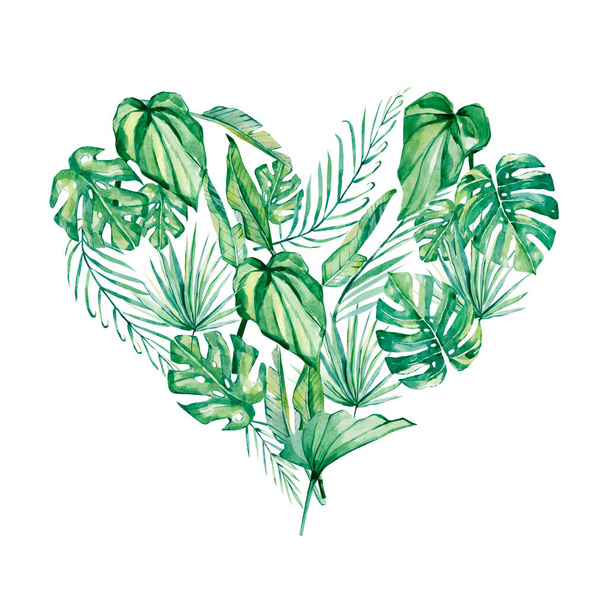 Watercolor hand drawn floral heart. Illustration tropical design for Valentine's Day or weddings. Spring or summer design for invitation and greeting cards, postcard, print t shirt. - Foto, Imagen