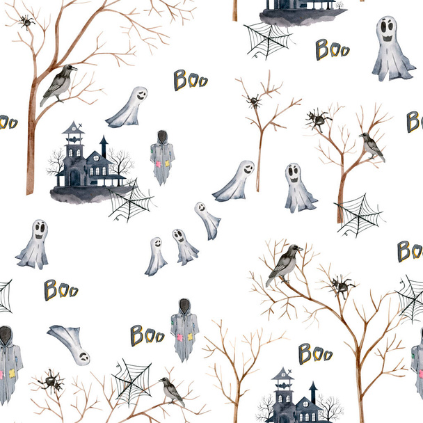 Watercolor Halloween seamless pattern on white backgrounds for postcard, invintaion, banner, paper and the textile fabric. - Φωτογραφία, εικόνα