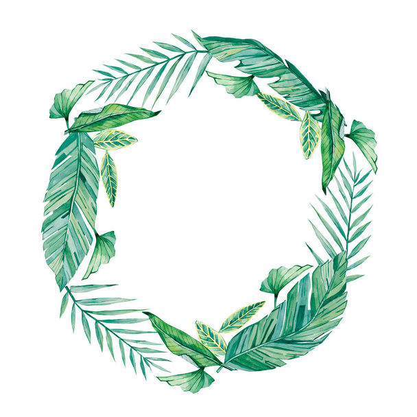 Watercolor tropical floral wreath with leaves. Greenery illustration for wedding stationary, greeting card, backgrounds,  wrappers, postcards, logo, DIY. - 写真・画像