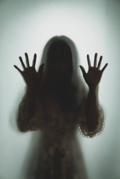 Concetto fantasma ombra di una donna dietro il vetro opaco sfocato mano e corpo soft focus - Foto, immagini