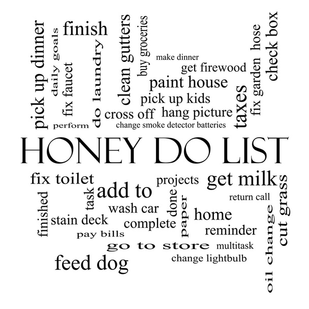μέλι λίστα έννοια σύννεφο λέξη σε μαύρο και άσπρο - Φωτογραφία, εικόνα