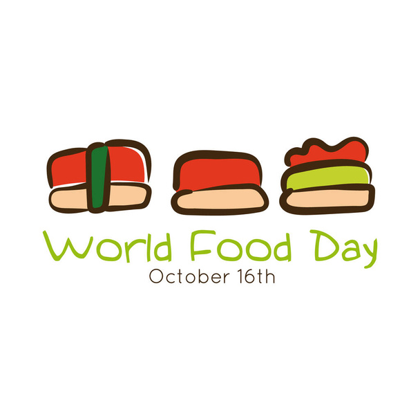 wereld voedsel dag viering belettering met sushi platte stijl - Vector, afbeelding