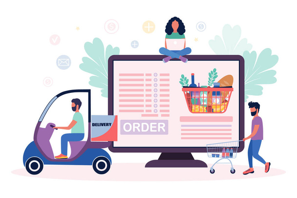 Grocery delivery concept. Colorful flat vector illustration. - Vecteur, image