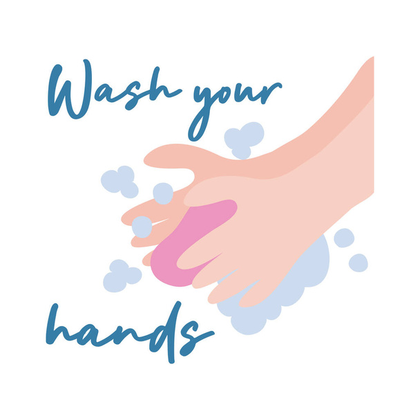 Su ve sabun kalıbıyla el yıkama kampanyası harf düz stil - Vektör, Görsel