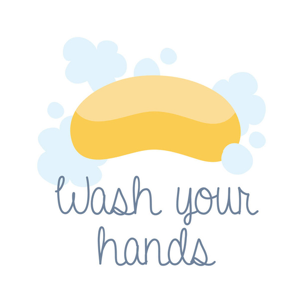 πλύνετε τα χέρια σας εκστρατεία επιστολόχαρτα με μπαρ σαπούνι επίπεδη στυλ - Διάνυσμα, εικόνα