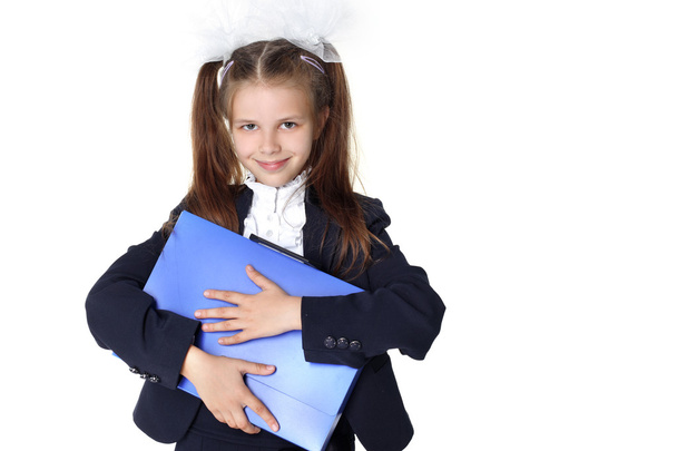 Schoolgirl with briefcase isolated on white - Zdjęcie, obraz