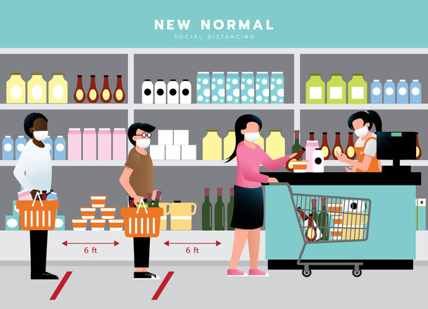 New normal concept and social distancing at supermarket. people wait in line keep distance from each other and wearing face mask after pandemic of corona virus or COVID-19. Vector illustration - Vector, Image