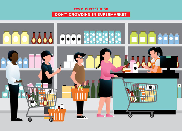 Don't crowding at supermarket. avoid congestion while wait in line keep wearing medical face mask and the distance after pandemic of corona virus or COVID-19. Vector illustration - Vector, Image
