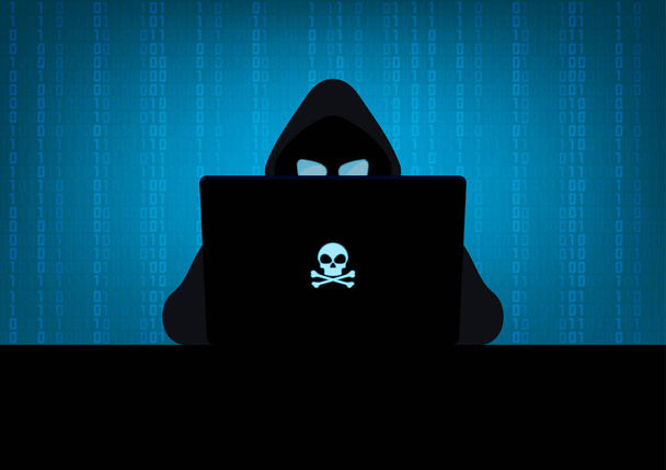 Σιλουέτα του hacker φορώντας κουκούλα χρησιμοποιώντας φορητό υπολογιστή με λάμψη στο σκούρο μπλε κρανίο και το λογότυπο crossbones στο σκοτεινό δωμάτιο σε μπλε φόντο δυαδικό κωδικό αριθμό - Διάνυσμα, εικόνα