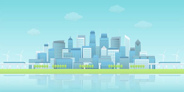 Vista panorámica de edificios agrupados en ciudad inteligente frente al mar con trenes de cielo, turbinas eólicas, árboles en cielo azul claro - Vector, imagen