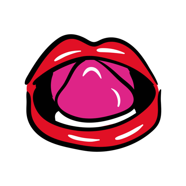sexi boca y dientes con la lengua hacia fuera la línea de arte pop y llenar el icono de estilo - Vector, imagen