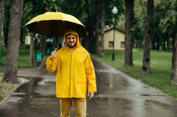 Yağmurlu bir günde yaz parkında şemsiyeli bir adam yürüyor. Yağmurluk ve lastik botlu erkek, yağmurlu hava - Fotoğraf, Görsel