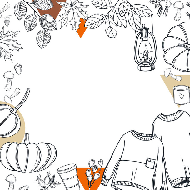 暖かいセーター、飲み物、カボチャで秋のベクトルの背景。秋の気分。スケッチイラスト. - ベクター画像