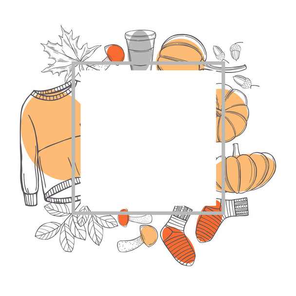 Podzimní vektorový rám s teplými svetry, nápoji a dýněmi. Podzimní náladu. Obrázek náčrtu. - Vektor, obrázek