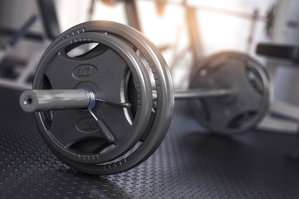 Barbell on the floor of gym. Close up fItness equipment. 3d illustration - Foto, Imagem