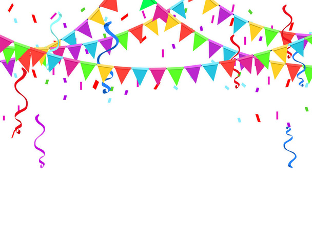 Цветные флаги вечеринки с конфетти и ленты падают на прозрачном фоне - Вектор,изображение