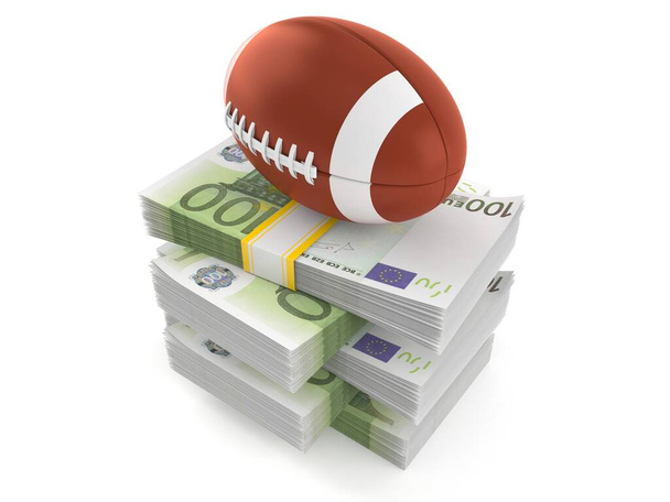 Rugby ball on stack of money isolated on white background. 3d illustration - Foto, imagen
