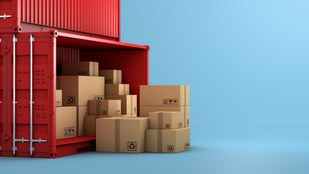 Pilha de embalagem de caixa marrom e recipiente, importação de negócios de transporte de exportação, renderização 3d - Foto, Imagem