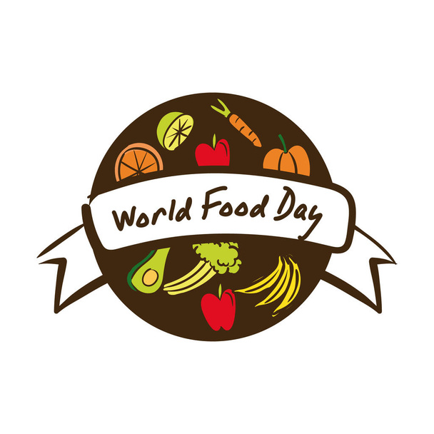 world food day celebration lettering with healthy food flat style - Vektor, obrázek
