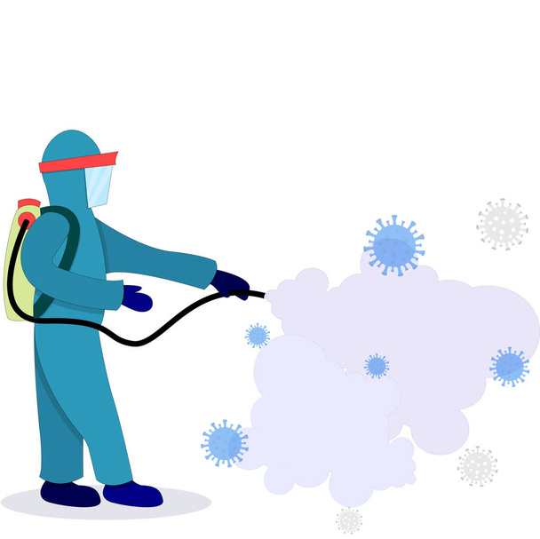 Een persoon in een beschermend pak of kleding voert desinfectiewerkzaamheden uit, een spray voor het reinigen en ontsmetten van het virus, Covid-19, coronavirus. - Vector, afbeelding