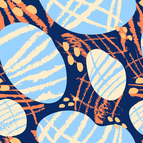 Abstract seamless pattern with organic shapes in dark blue, gold orange and pastel yellow. Trendy and stylish wallpaper, textile, branding and packaging design, modern wall art. Vector - Vecteur, image