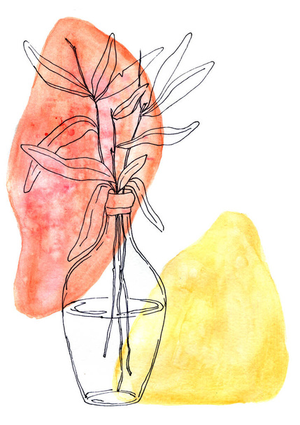 Ilustración dibujada a mano con botella abstracta con ramas en manchas de acuarela rojas y amarillas - Foto, Imagen