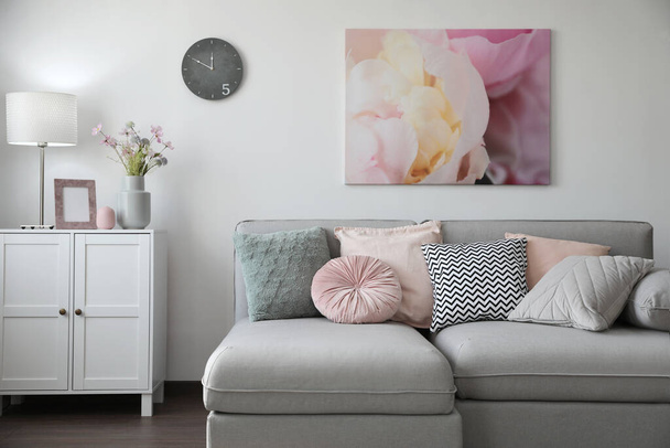 Elegant living room with comfortable sofa. Interior design - 写真・画像