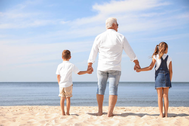 Cute little children with grandfather spending time together on sea beach, back view - Foto, Imagem