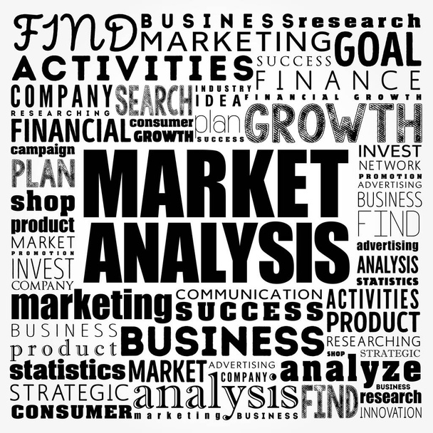 Análisis de mercado palabra nube collage, fondo concepto de negocio - Foto, Imagen