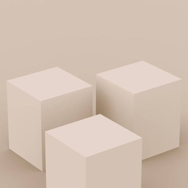 3Dブラウンのクリーミーなキューブとボックスの表彰台最小シーンスタジオの背景。概要3D形状オブジェクトイラストレンダリング。ナチュラルカラートーン. - 写真・画像