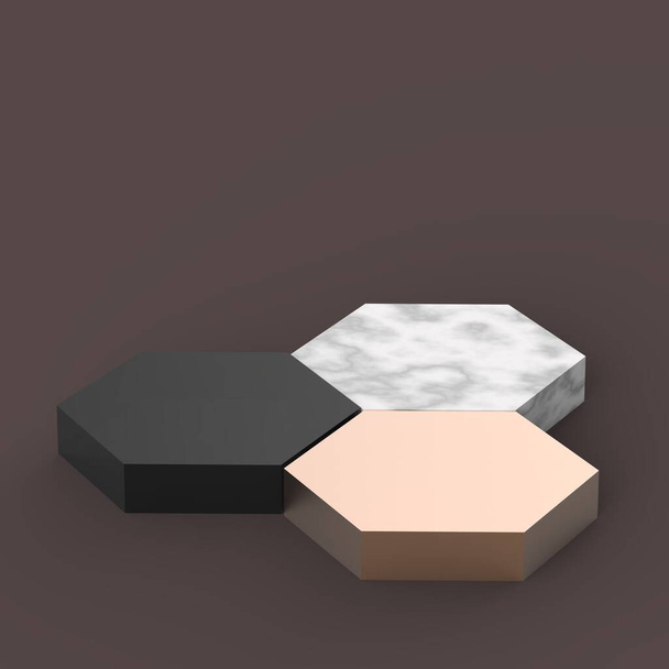 3d χάλκινο χρυσό μαύρο και άσπρο μάρμαρο εξάγωνο βάθρο minimal studio καφέ χρώμα φόντο. Αφηρημένη 3d γεωμετρικό σχήμα απεικόνιση αντικείμενο καθιστούν. Εμφάνιση καλλυντικών και προϊόντων μόδας ομορφιάς. - Φωτογραφία, εικόνα