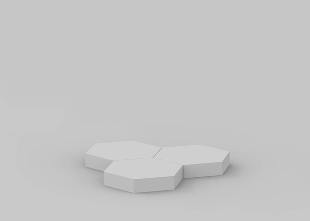 3d blanc gris hexagone podium fond studio minimal. Illustration abstraite d'objet de forme géométrique 3d. Affichage pour les cosmétiques et les produits de mode beauté. - Photo, image