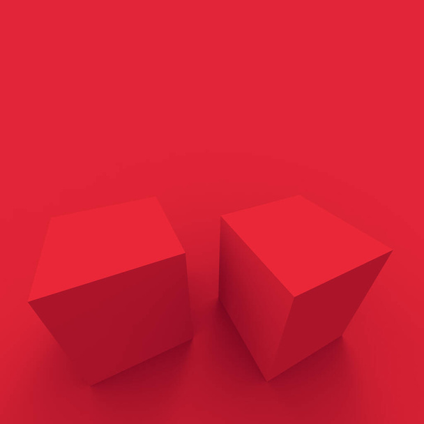 Трехмерный красный куб и коробочный подиум на минимальном студийном фоне. Абстрактная трехмерная иллюстрация геометрической формы объекта. За китайский новогодний праздник и веселый новогодний продукт. - Фото, изображение