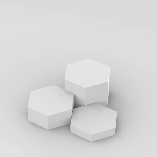 3D bílá šedá šestiúhelník pódium minimální studio pozadí. Abstraktní 3D vykreslení geometrického tvaru objektu. Zobrazit pro kosmetiku a kosmetický módní produkt. - Fotografie, Obrázek